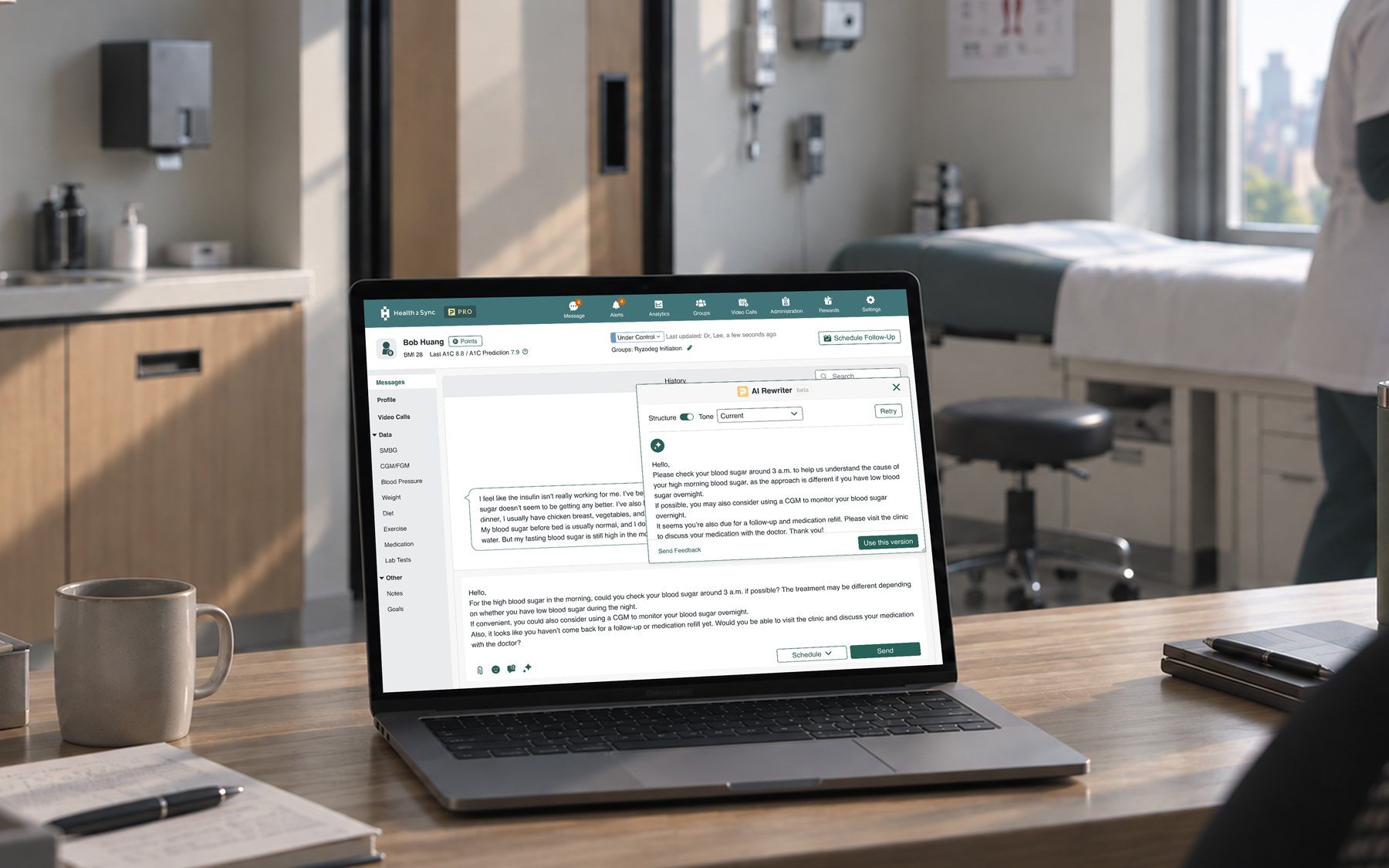 AI-assisted professional communication on a laptop in a clinical setting