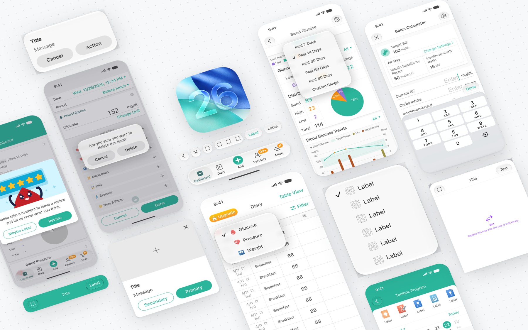 Health2Sync iOS 26 components and screens laid out together, from dialogs and menus to the tab bar