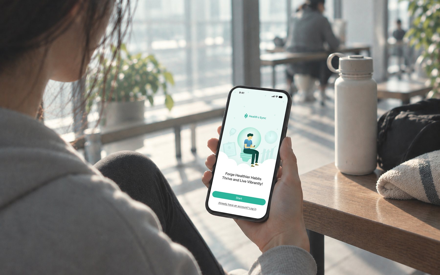 A person exploring a mobile onboarding experience in a café